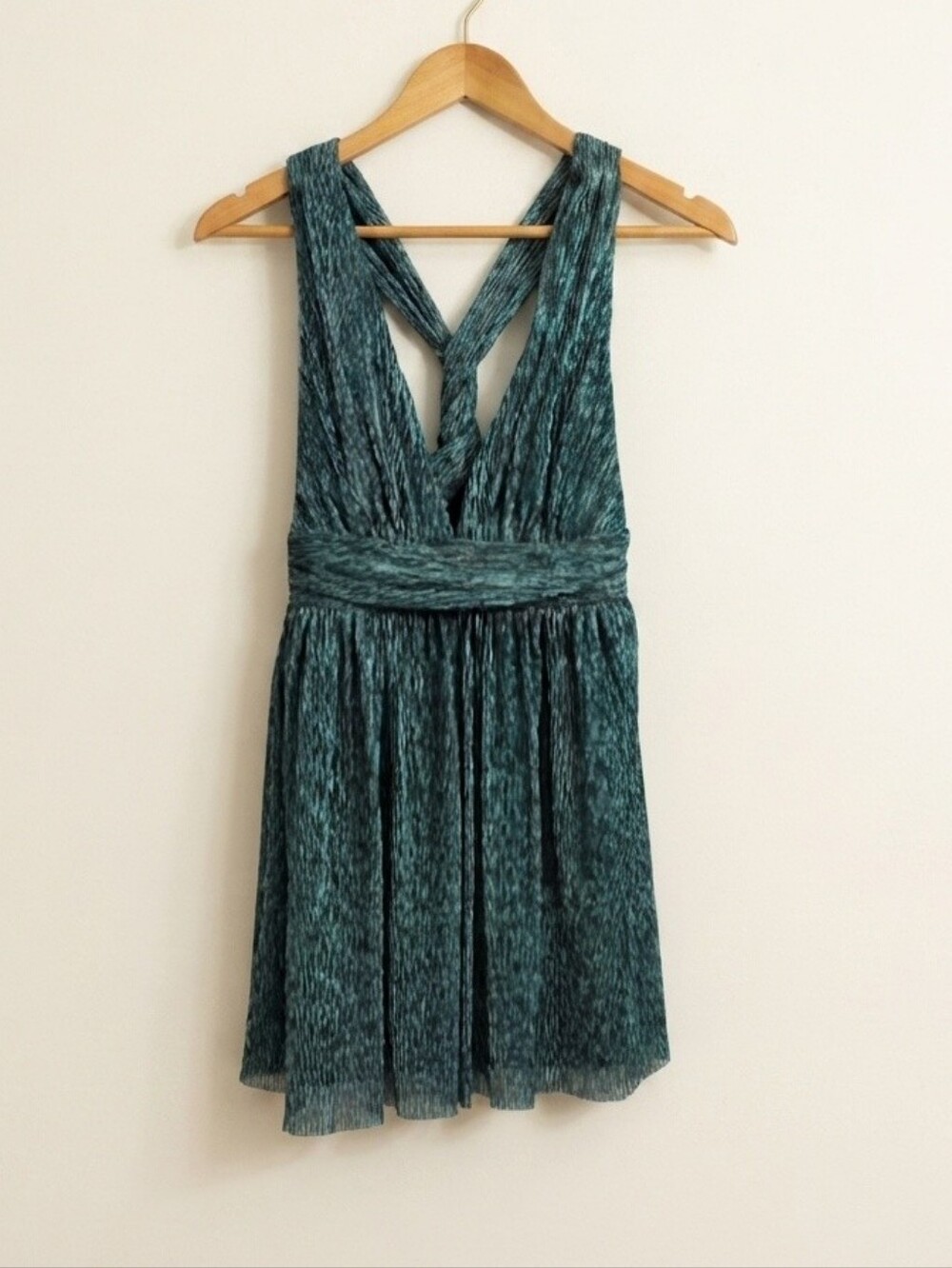Lulus Ailey Metallic Teal Gold Skater Dress Twist Back Medium - Picture 4 of 7